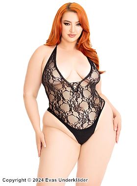 Romantischer Dessous-Teddy, Stretch-Spitze, Neckholder, tiefer Ausschnitt, Blumen, Plus Size